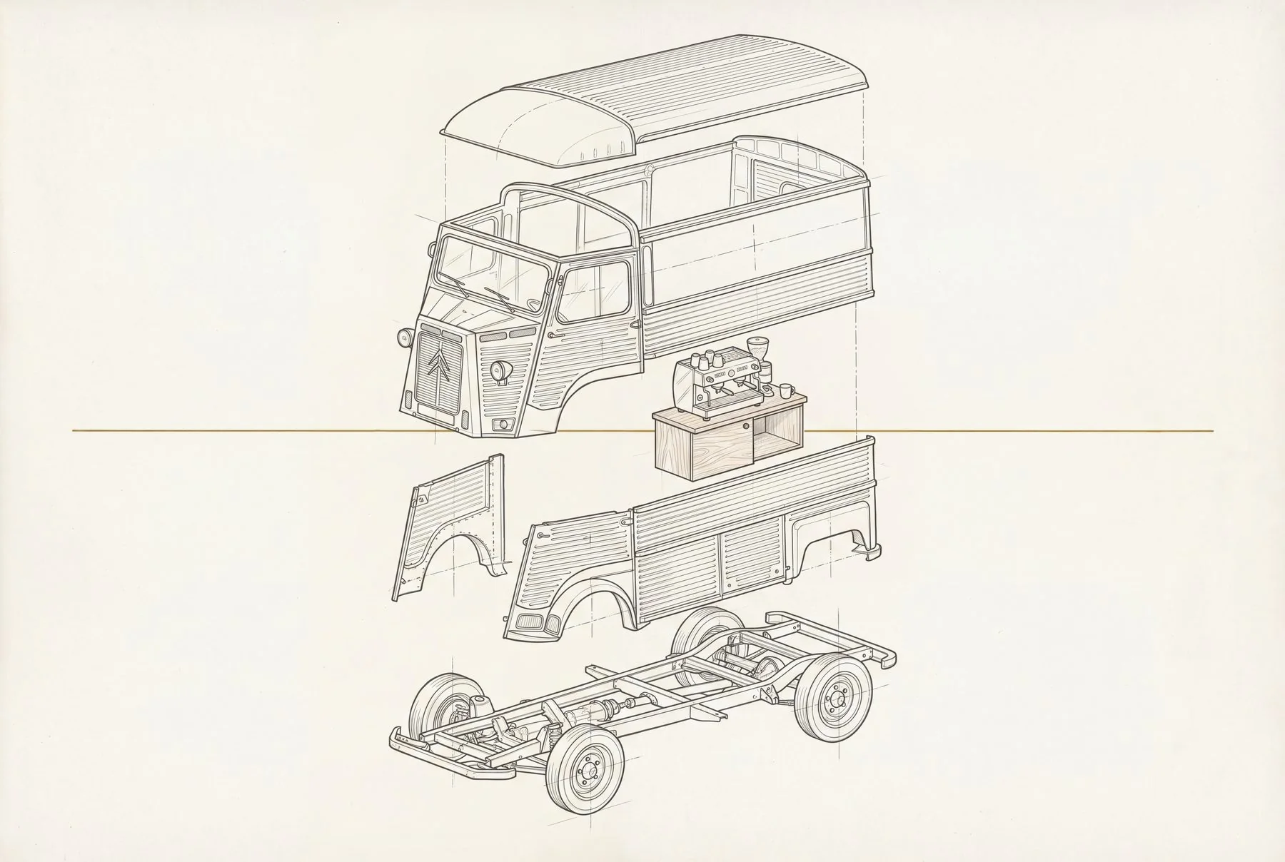 Planche technique éclatée d’un Citroën Type H : toit, caisse et cabine, comptoir et machine à espresso, filet de laiton, flanc ondulé, châssis et roues.