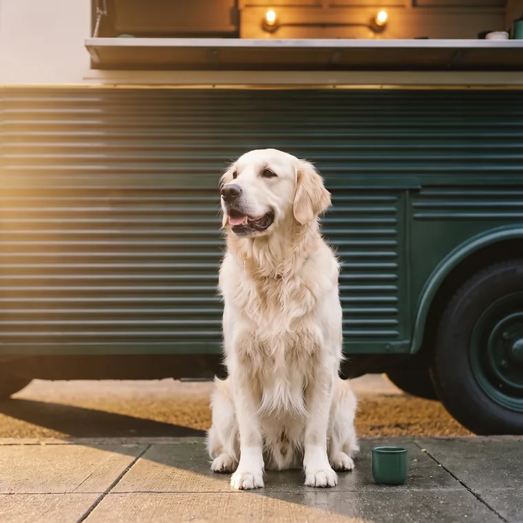Un golden retriever crème pâle, assis sur le trottoir à côté du comptoir.