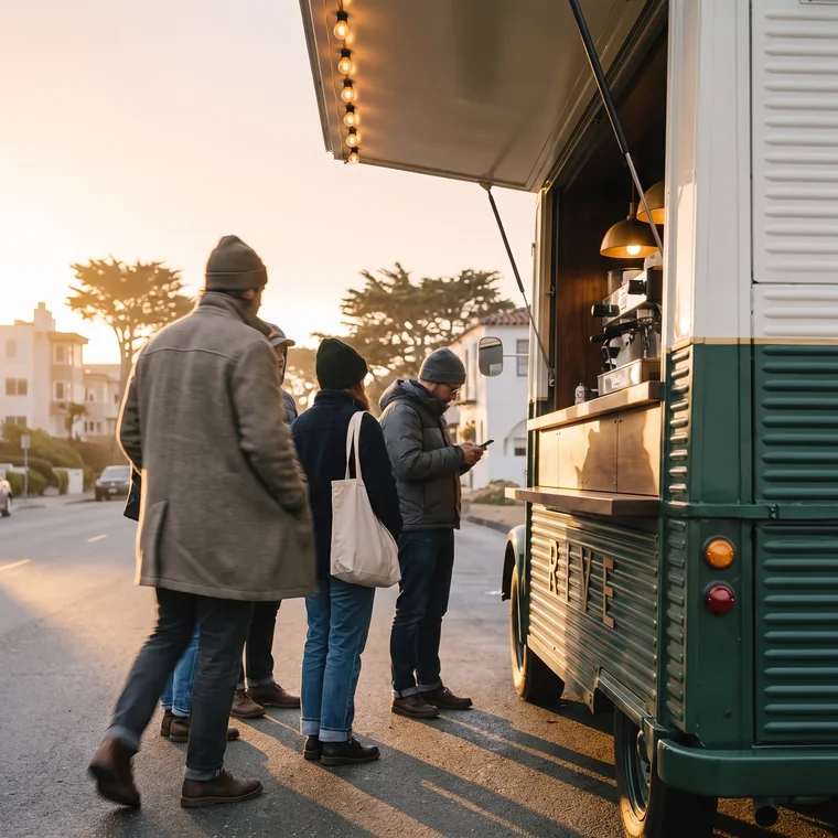 Une courte file qui attend au comptoir ouvert, dans le premier soleil du matin.