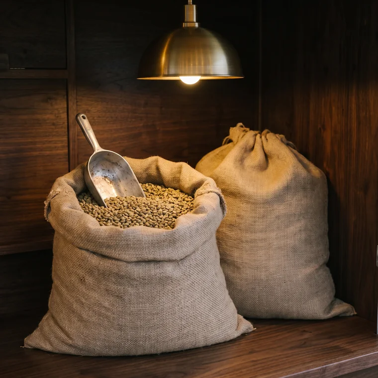 Un sac de jute ouvert, plein de café vert, chez notre torréfacteur, une pelle en acier posée dedans.