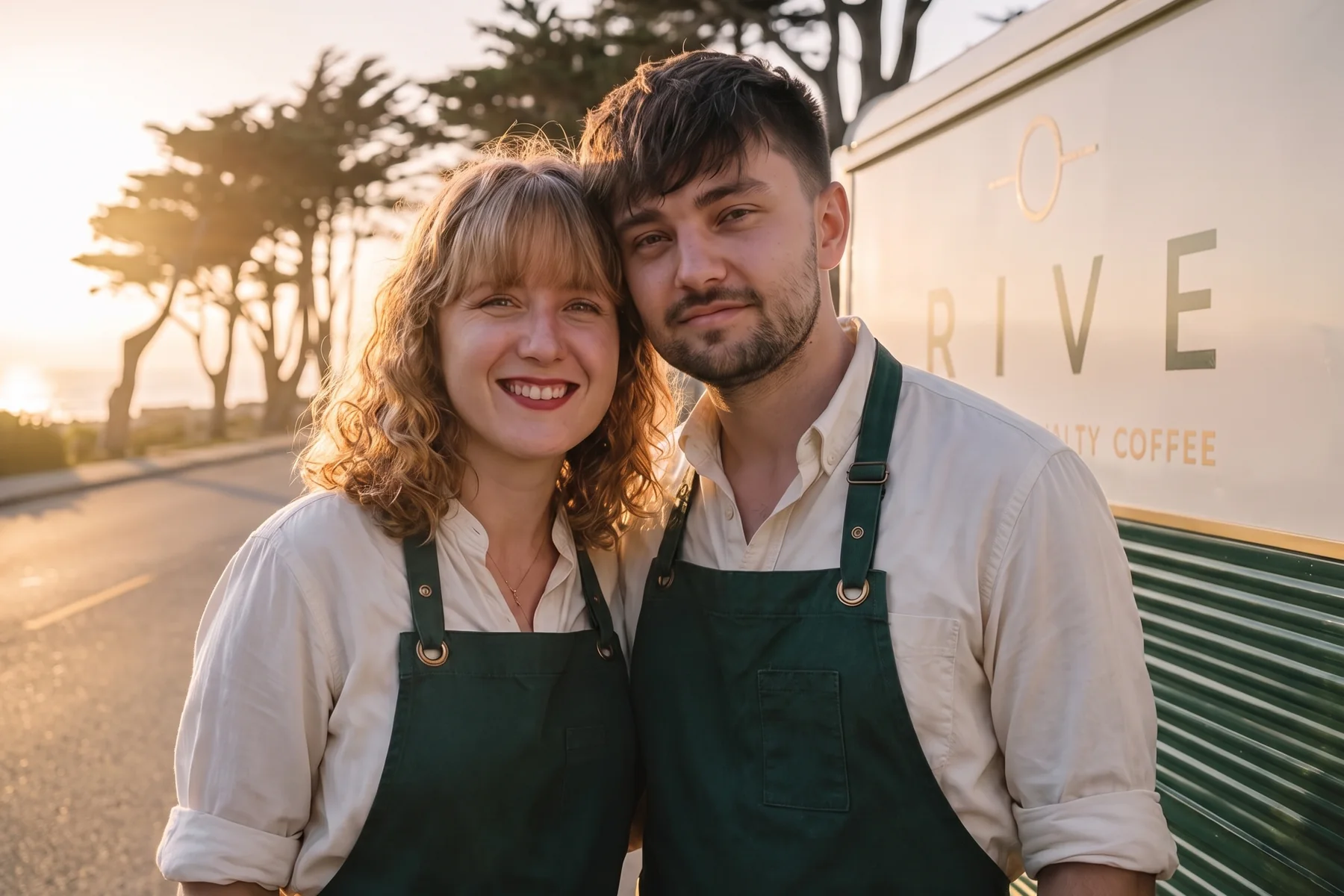 Estelle et Quentin, fondateurs de RIVE 37, en tablier de toile vert bouteille et chemise ivoire, à côté de RIVE / 001 sur la côte de Monterey, au lever du soleil.