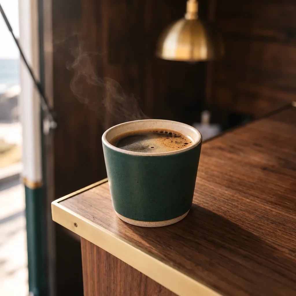 A tall handleless bottle-green stoneware cup of americano, a veil of crema on the black coffee, on the walnut counter.