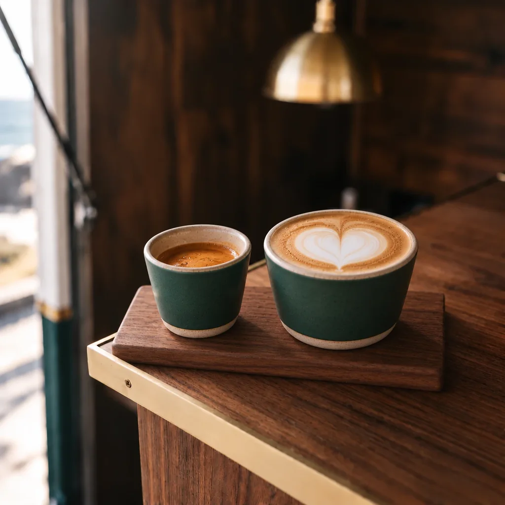 A small cup of espresso and a wider cup of cappuccino with a heart in the foam, both in bottle-green stoneware, side by side on a small walnut board.