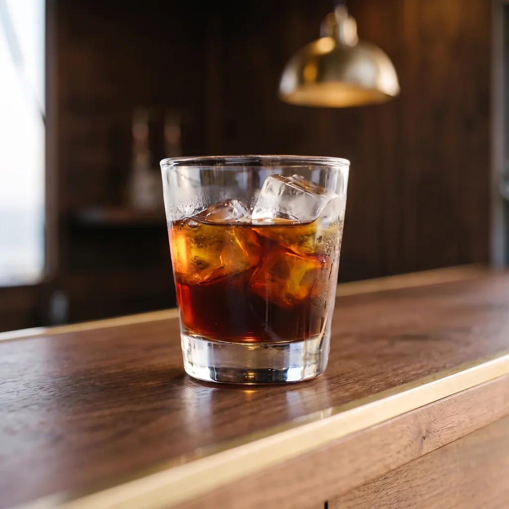 Un grand verre de café infusé glacé, noir, sur glace claire, ambré dans la lumière.