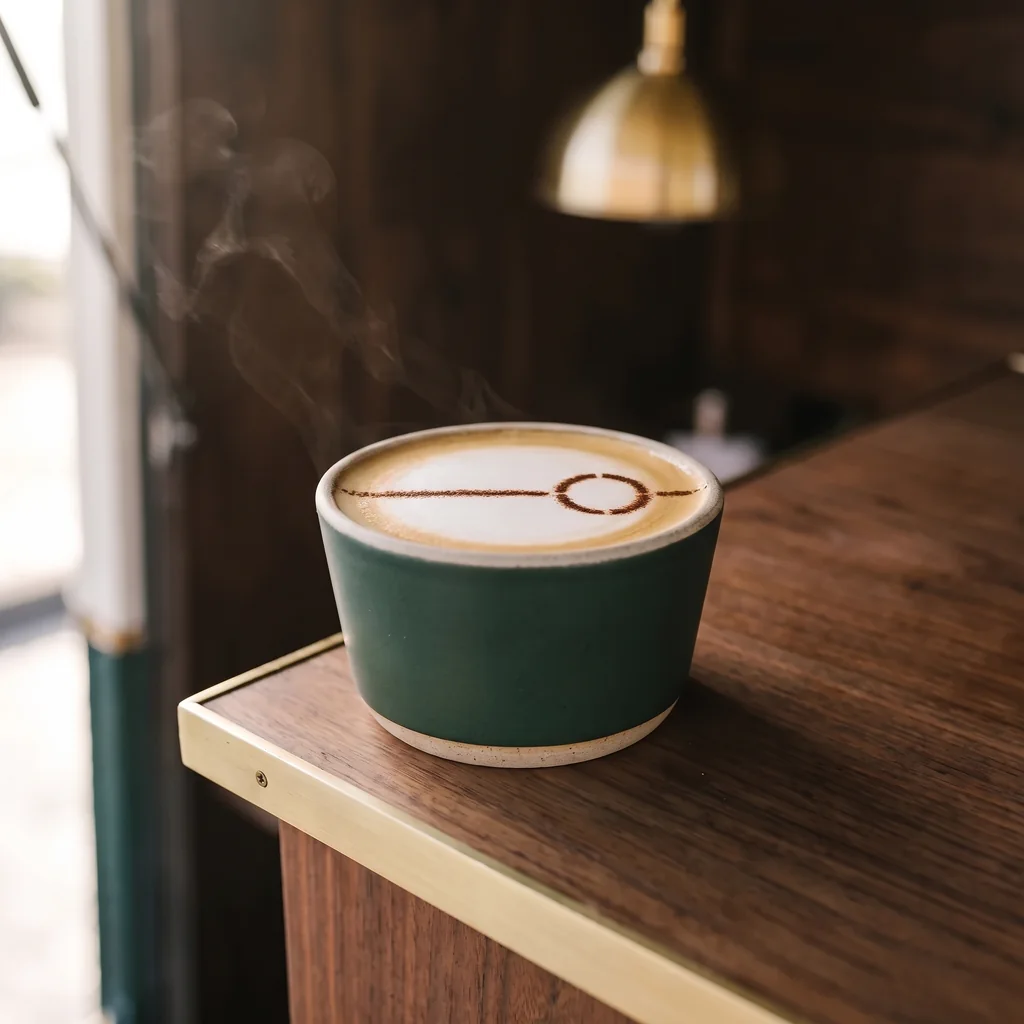 Une large tasse sans anse en grès vert bouteille remplie de cappuccino, la marque RIVE — un trait et un anneau — saupoudrée de cacao sur la mousse.