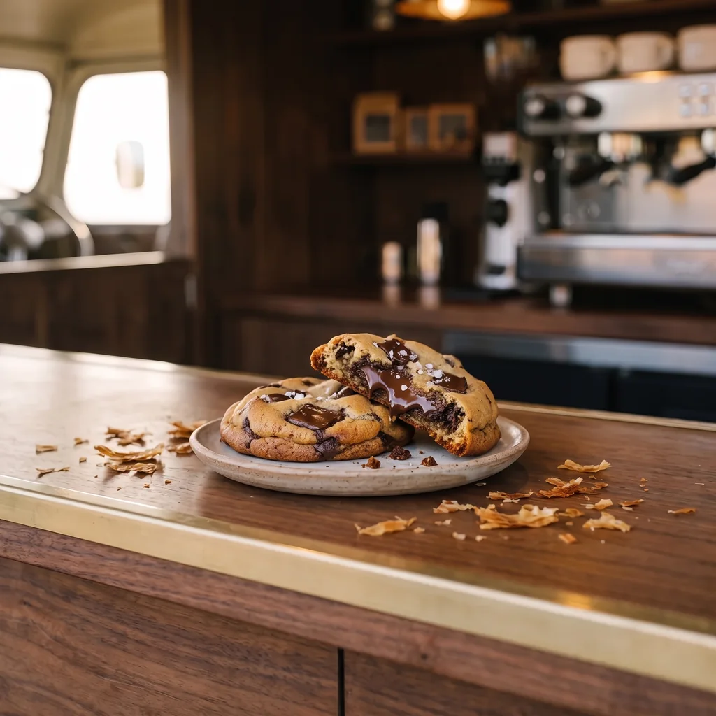 Deux cookies épais aux éclats de chocolat sur une petite assiette en céramique, l’un cassé sur un cœur moelleux, des flocons de sel sur le dessus.