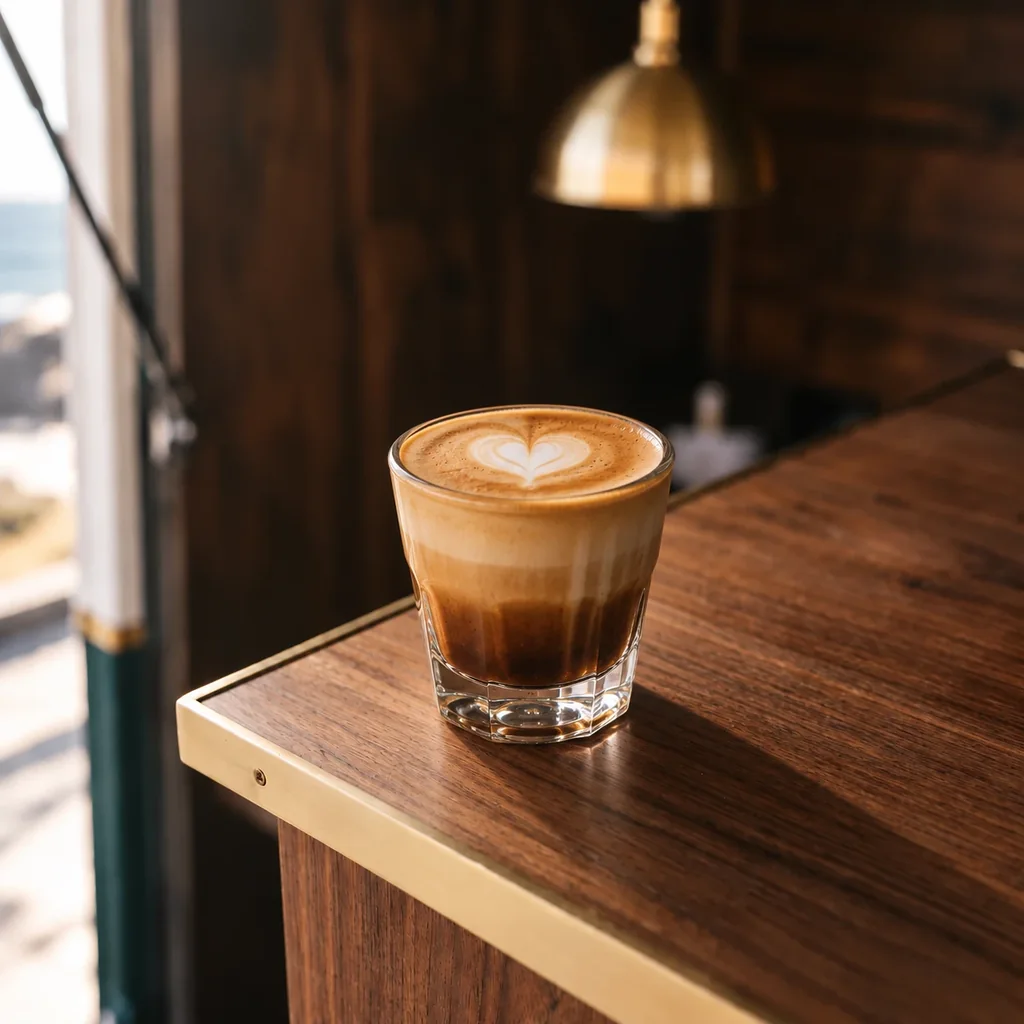 A small thick glass of cortado, espresso below and silky milk above, a small heart drawn in the foam.