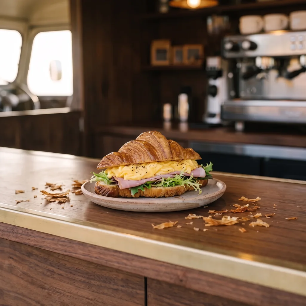 Un croissant ouvert et garni d’œufs brouillés moelleux, de fines tranches de jambon et de feuilles vertes, sur une petite assiette en céramique.