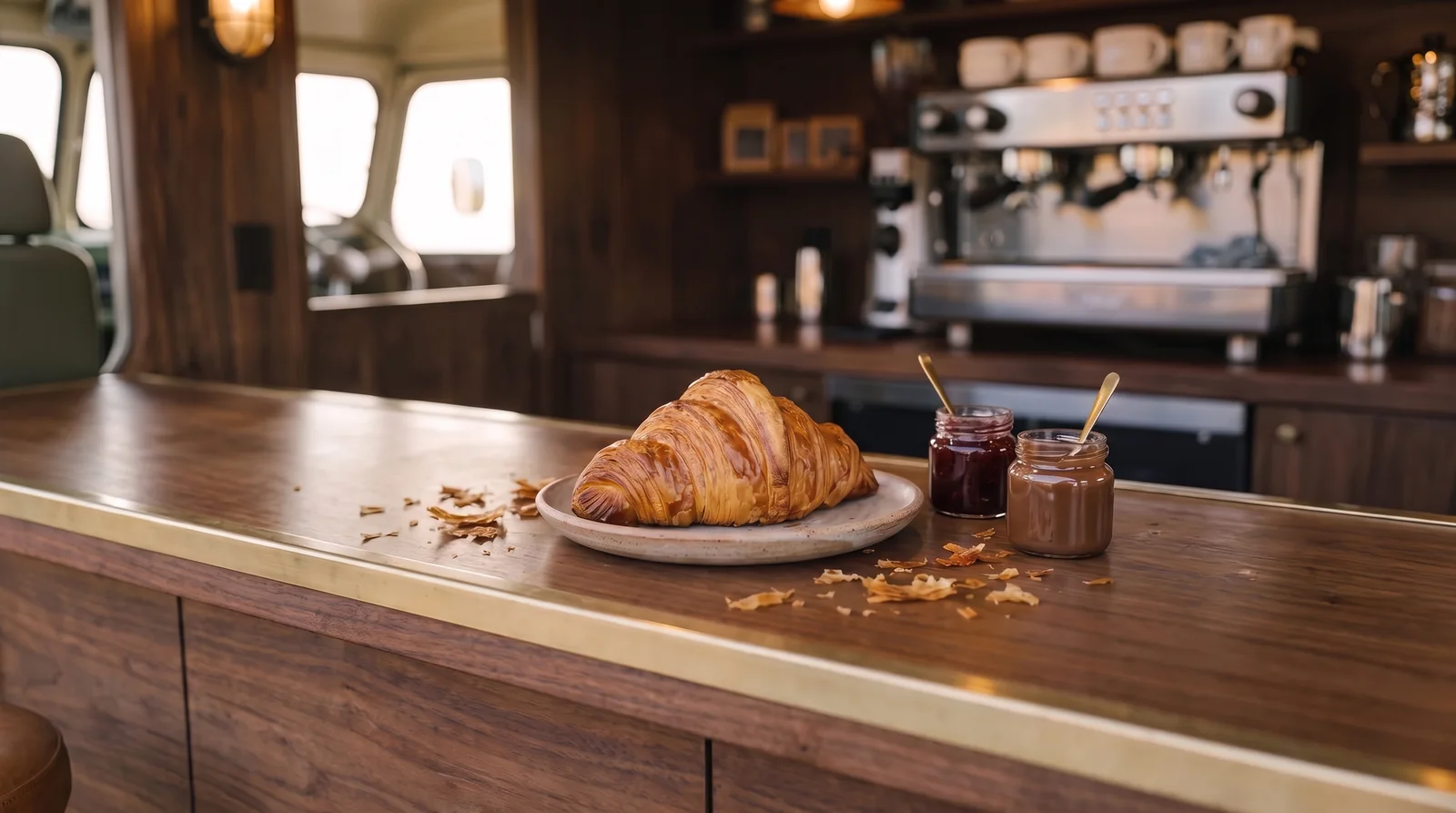 Un croissant pur beurre au feuilletage profond sur une petite assiette en céramique, deux petits pots de confiture et de pâte à tartiner à côté.