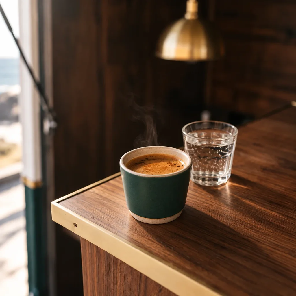 A small handleless bottle-green stoneware cup of double espresso under a thick crema, a small glass of sparkling water beside it.