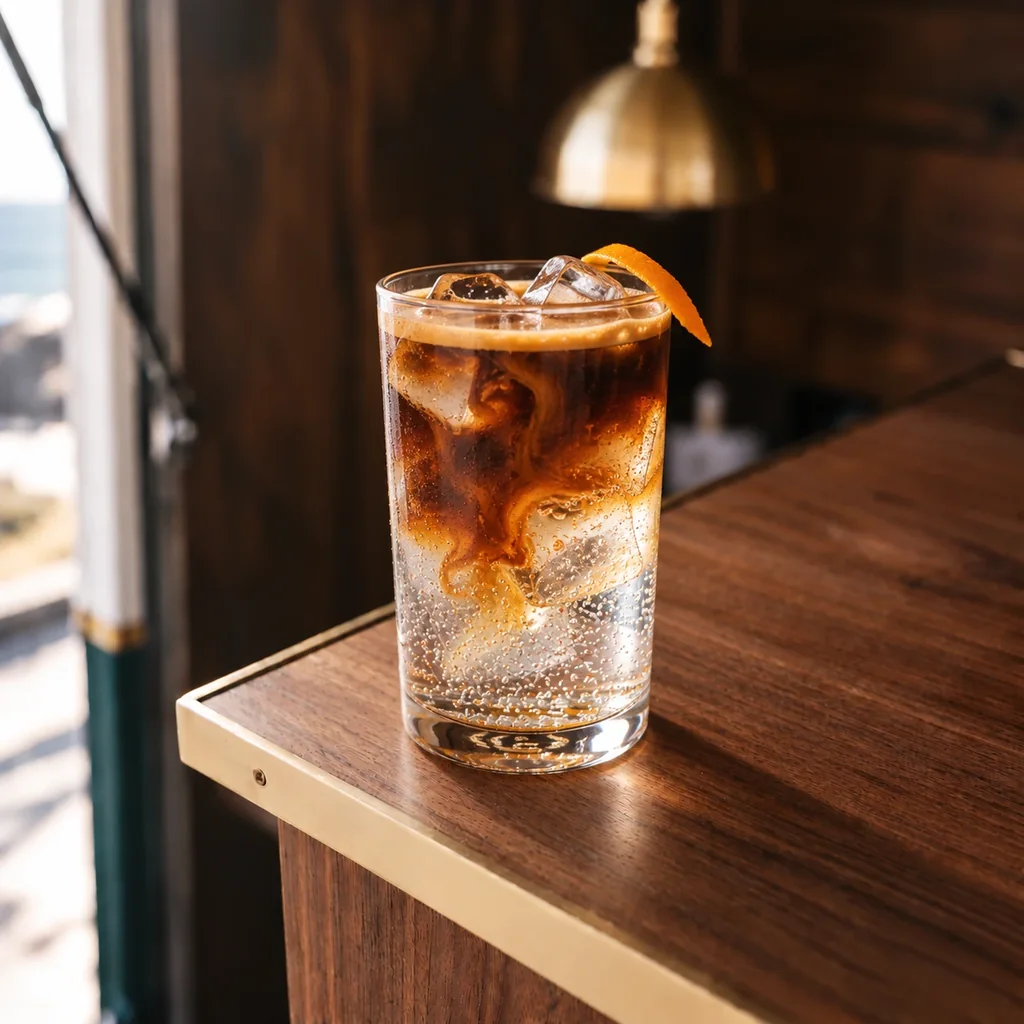 A tall glass of espresso tonic over ice, the coffee clouding down into the sparkling tonic, a strip of orange zest on the rim.