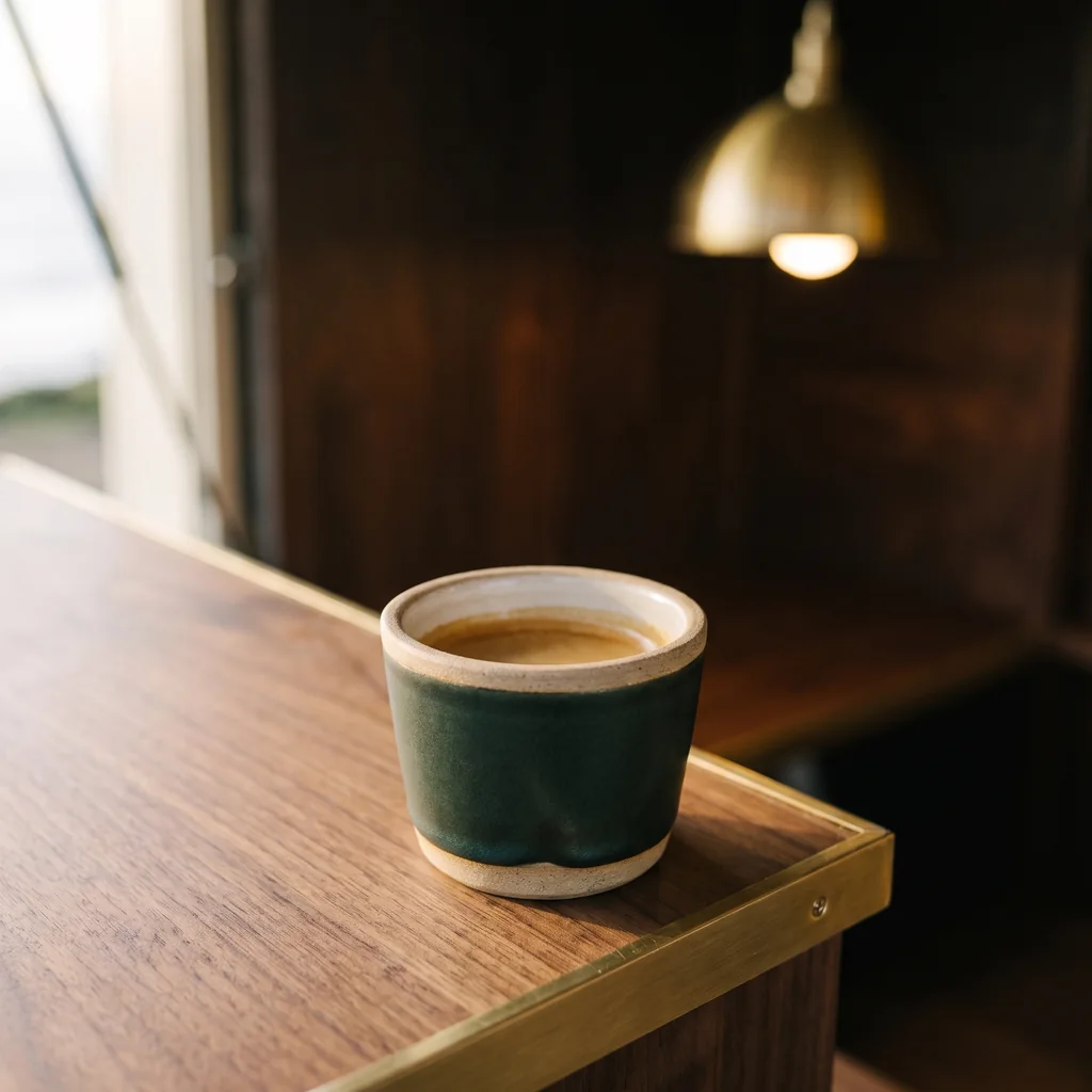 Un gobelet sans anse en grès vert bouteille, un espresso à la crema noisette dense, sur le comptoir en noyer.