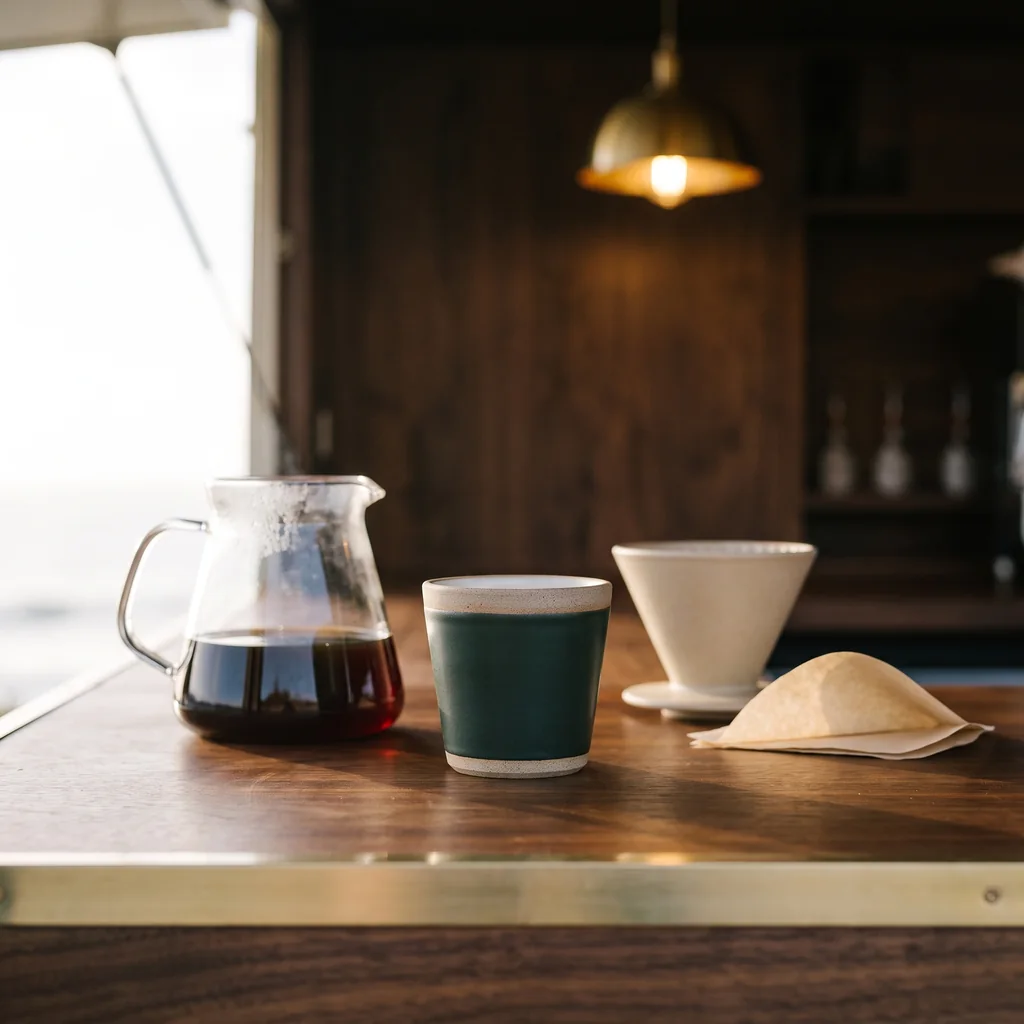 Une carafe en verre de café filtre à côté d’une tasse sans anse en grès vert bouteille, sur le comptoir en noyer.