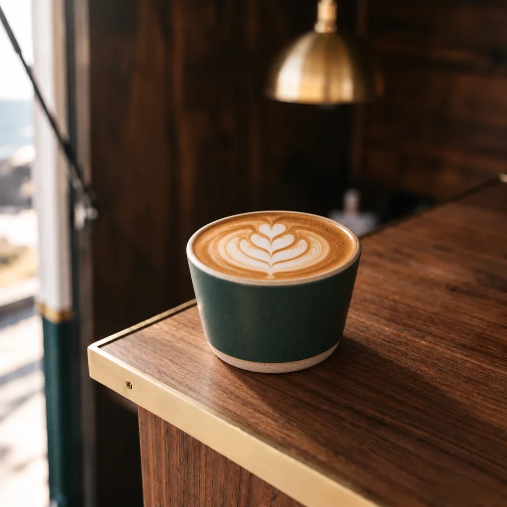 A low handleless bottle-green stoneware cup of flat white, filled to the rim, a fine tulip drawn in the foam.