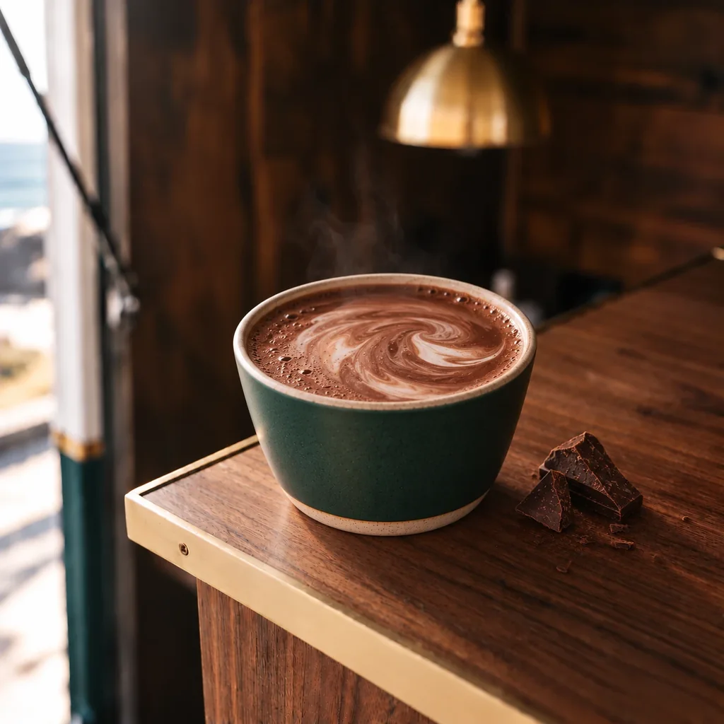 A wide handleless bottle-green stoneware cup of hot chocolate, milk swirled into its glossy surface, pieces of dark chocolate beside it.