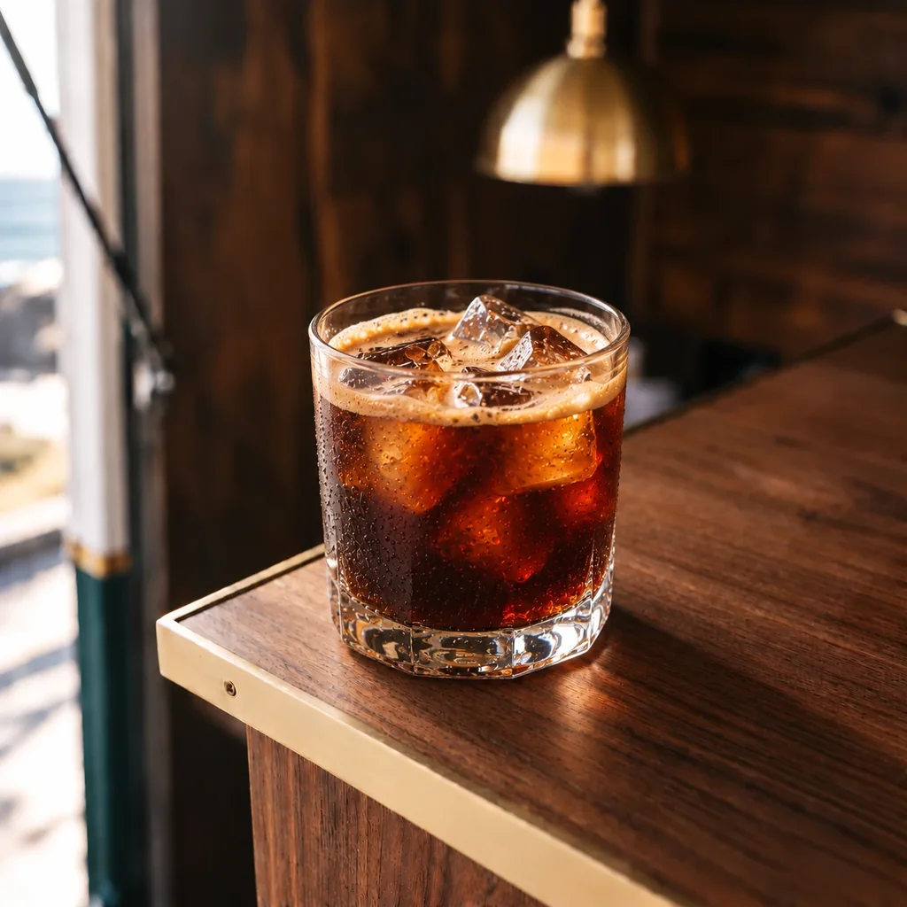 A short heavy glass of iced americano, clear ice in dark coffee, a ring of crema at the surface.