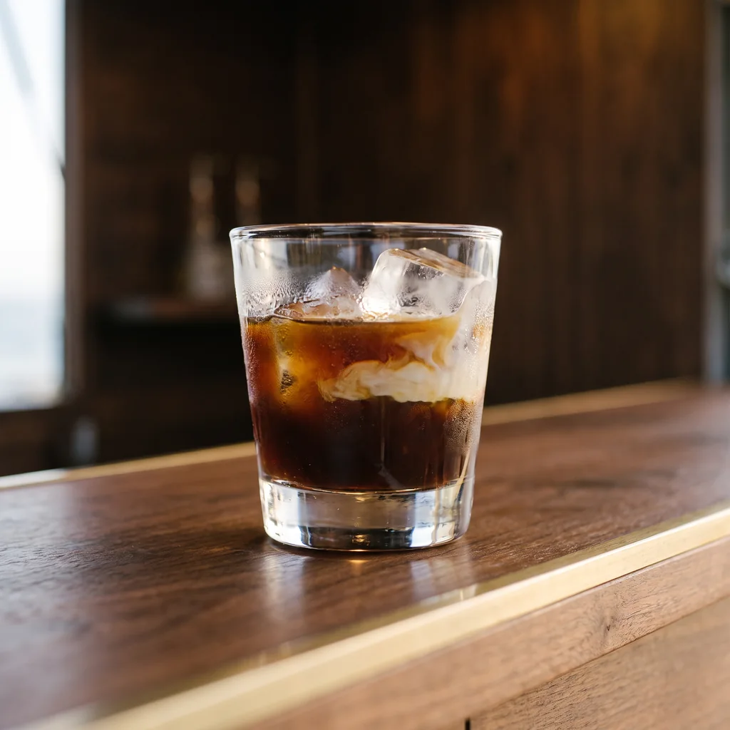 Un gobelet de verre lourd d’iced latte sur glace claire, le lait qui descend encore dans le café en strates.