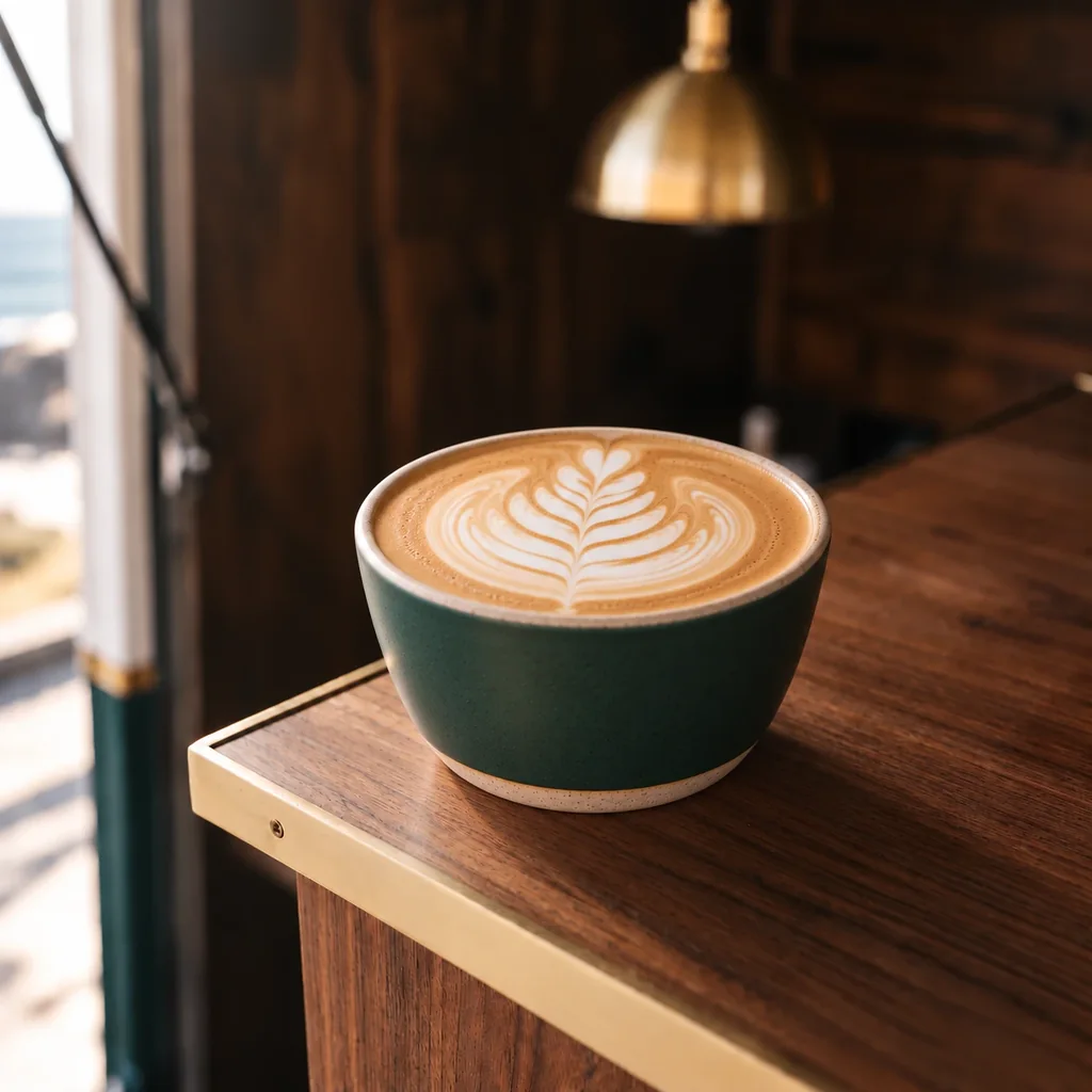 A wide handleless bottle-green stoneware cup of latte, a large rosetta drawn in the foam.