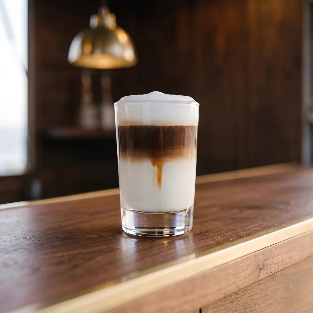 Un grand verre épais de latte macchiato en trois couches — lait, espresso, mousse — sur le comptoir en noyer.