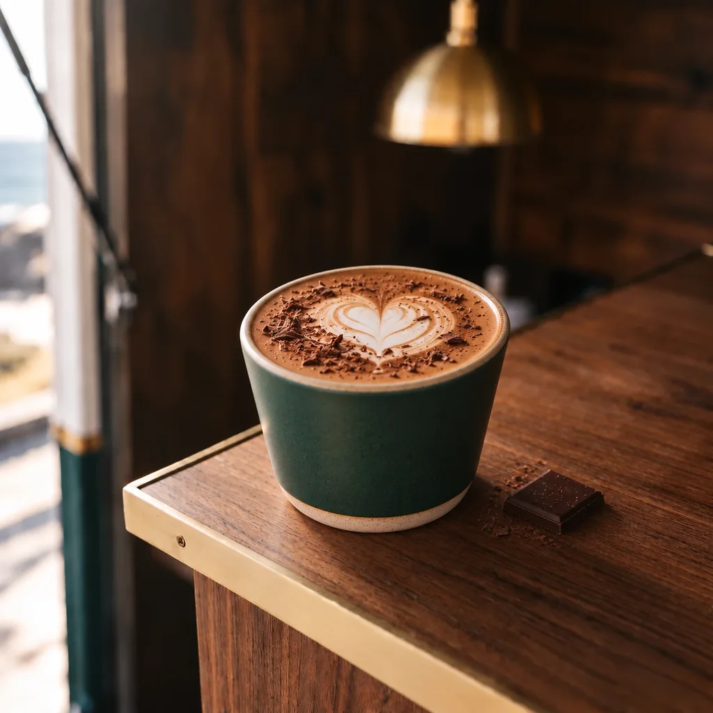 A handleless bottle-green stoneware cup of mocha, a heart in the foam scattered with dark chocolate shavings, a square of chocolate beside it.
