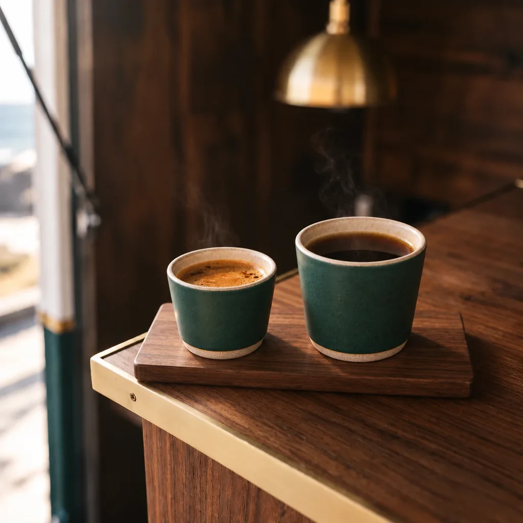 A small cup of espresso and a taller cup of filter coffee, both in bottle-green stoneware, side by side on a small walnut board.