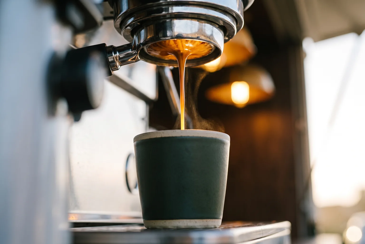 L’espresso coule d’un porte-filtre sans bec dans un gobelet en grès vert bouteille, à contre-jour devant le comptoir ouvert.