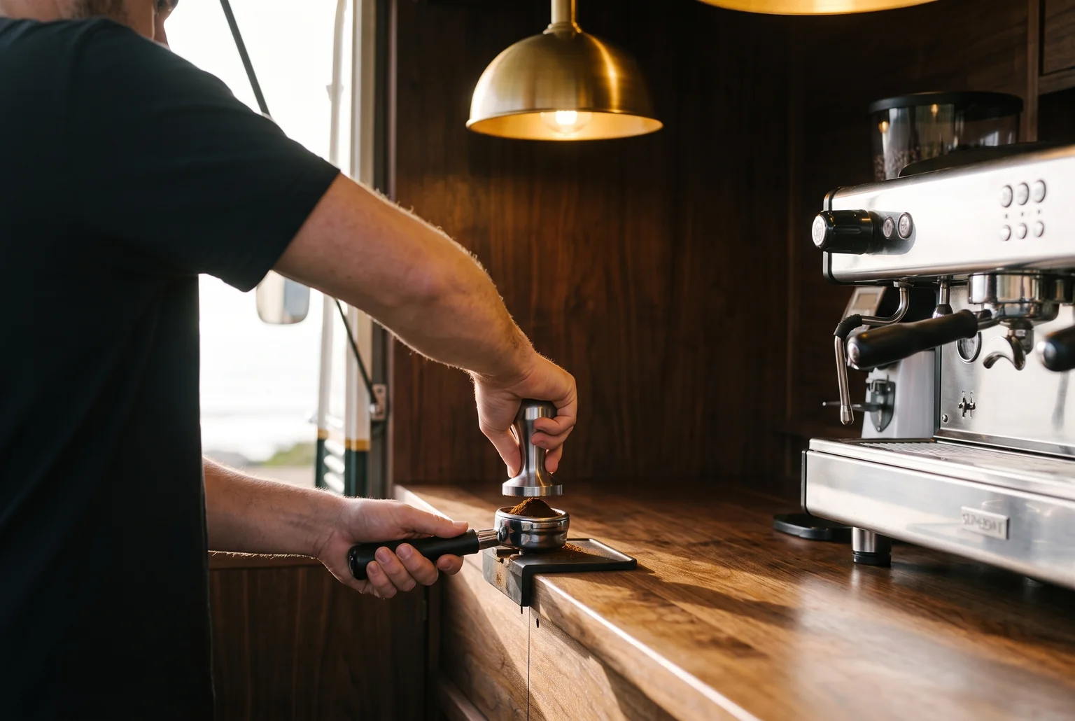 Les mains d’un barista tassent le café moulu dans un porte-filtre chromé, sous une suspension en laiton.