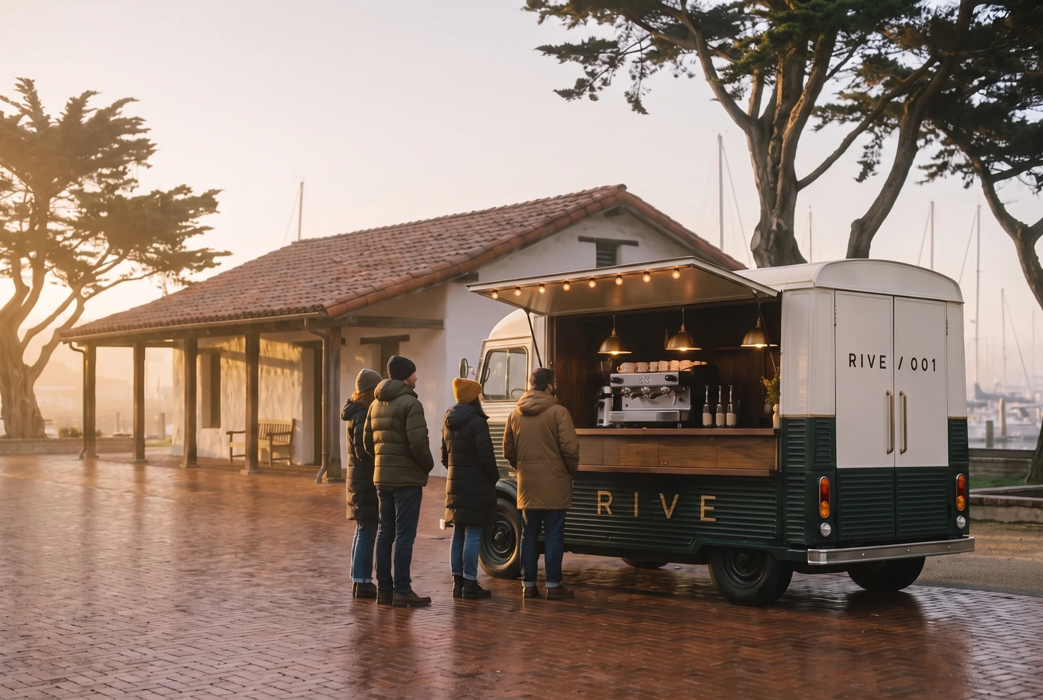 RIVE 37 ouvert et en service à Monterey au lever du soleil, une courte file qui attend.